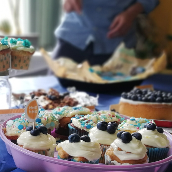 Blue cakes at a bake sale