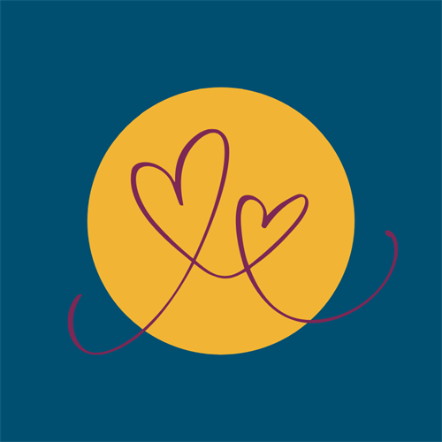 Coloured quare with yellow circle and two hearts