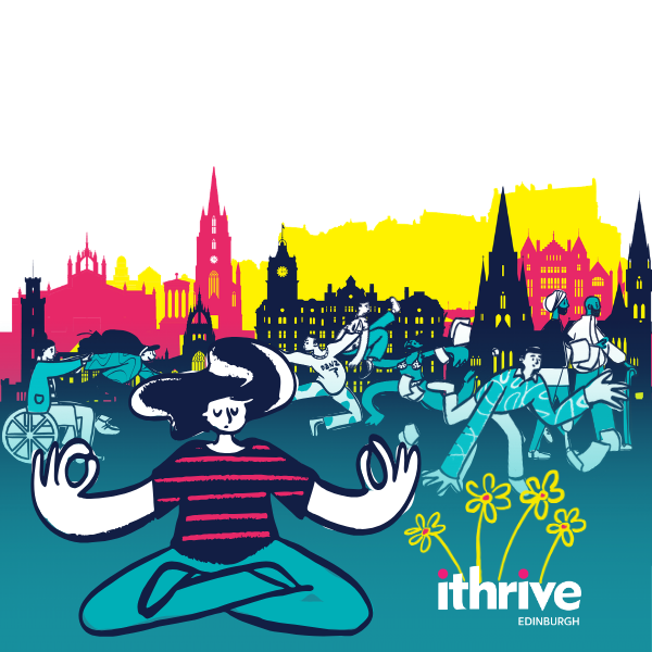 An illustration of a woman sitting peacefully in a chaotic Edinburgh Fringe